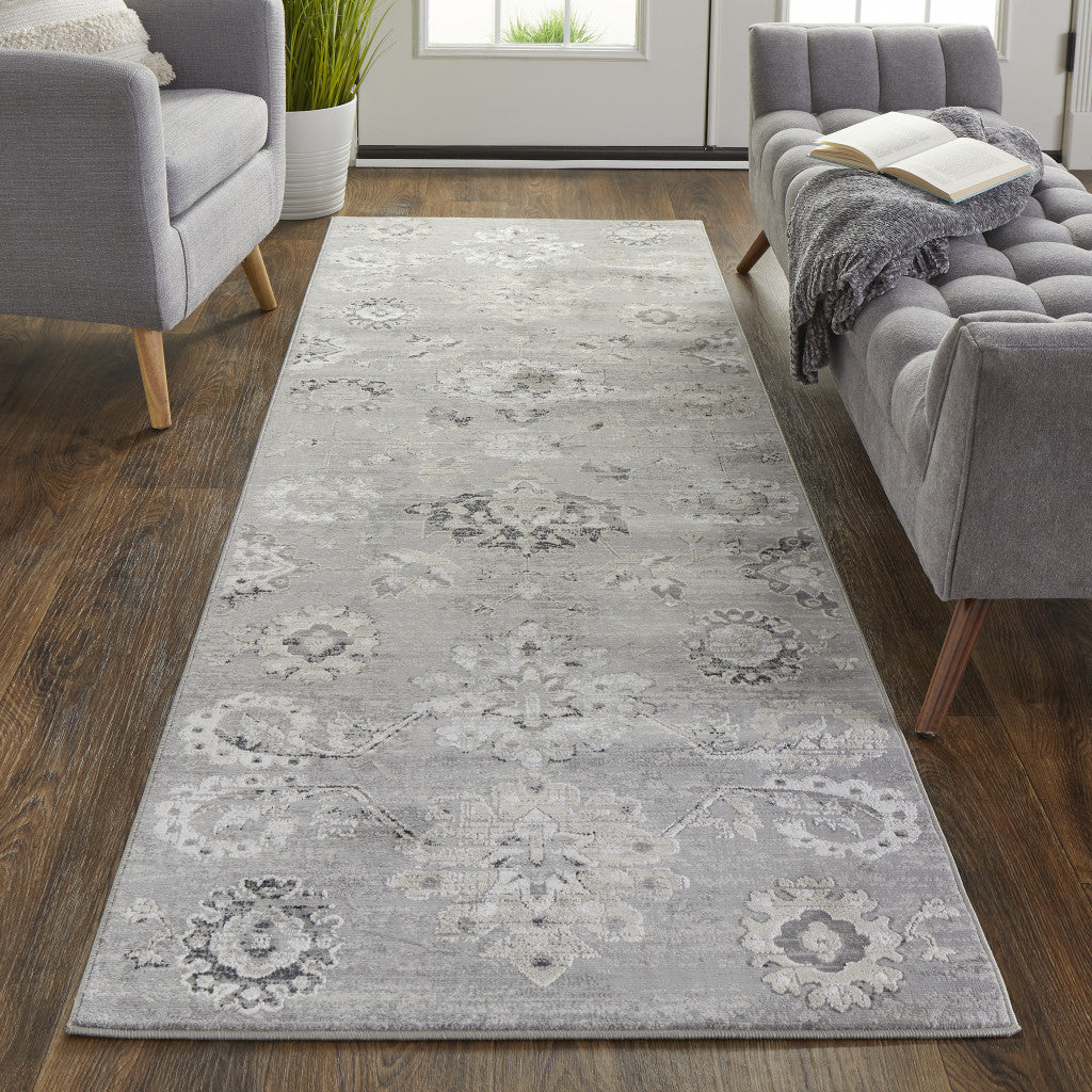 8' Silver And Black Floral Power Loom Distressed Runner Rug