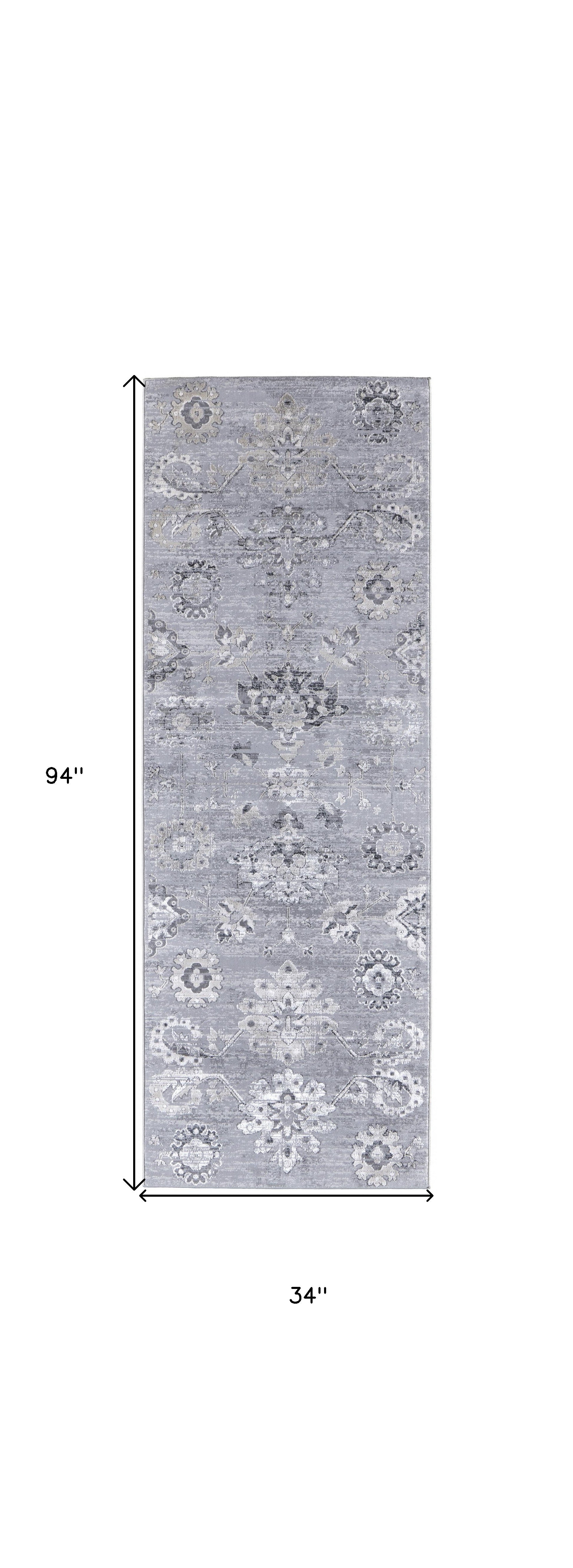 8' Silver And Black Floral Power Loom Distressed Runner Rug