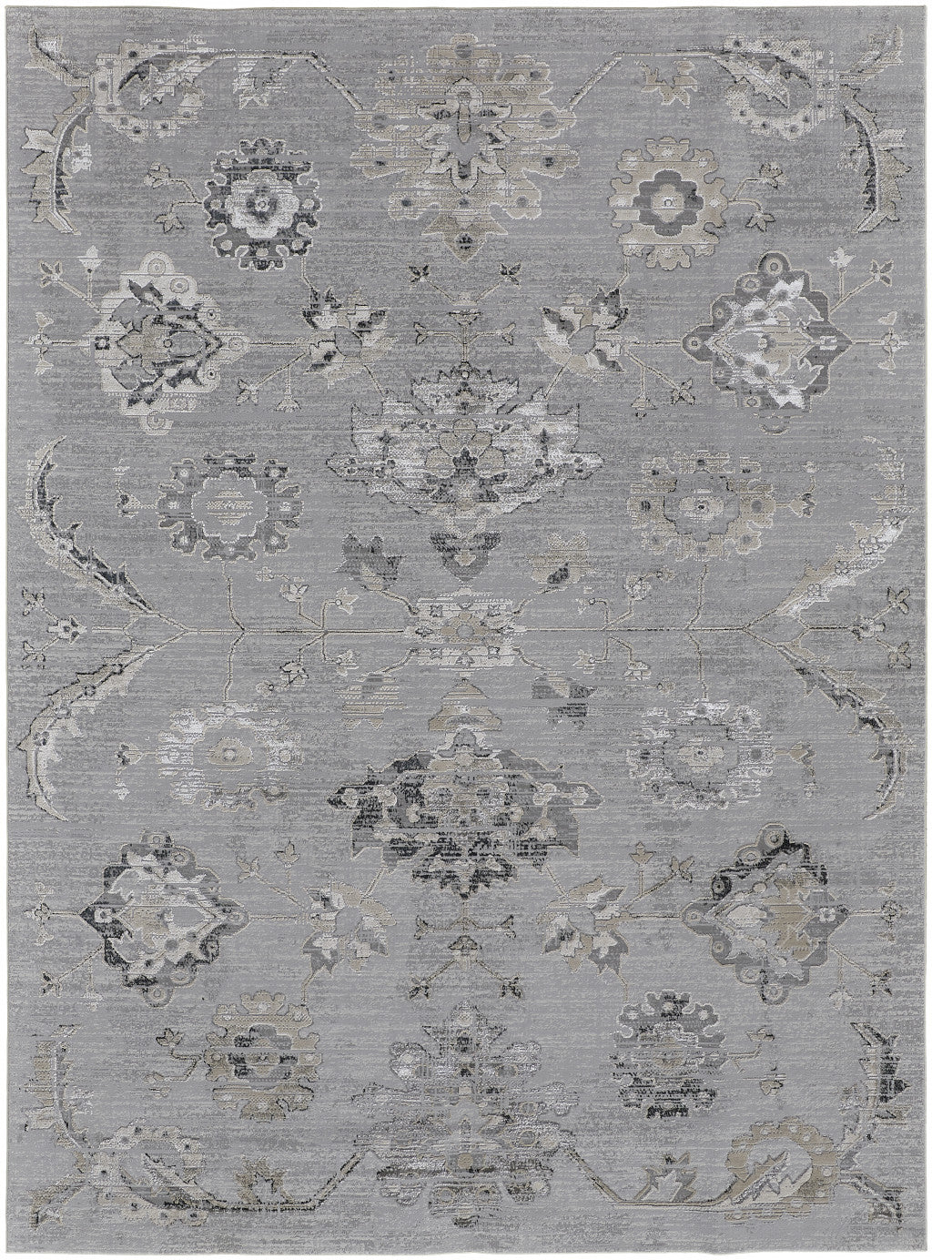 12' X 15' Silver And Black Floral Power Loom Distressed Area Rug