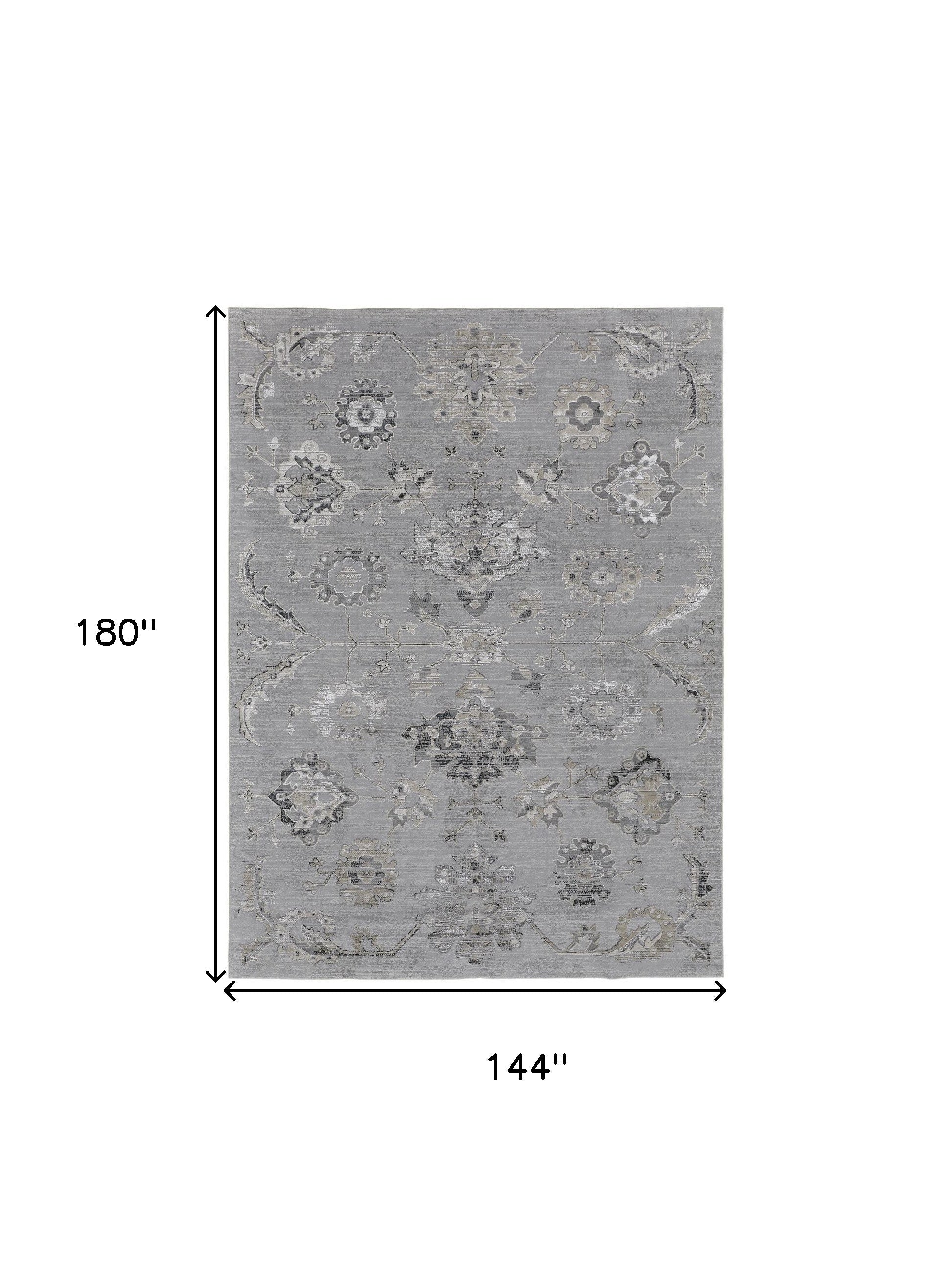 12' X 15' Silver And Black Floral Power Loom Distressed Area Rug