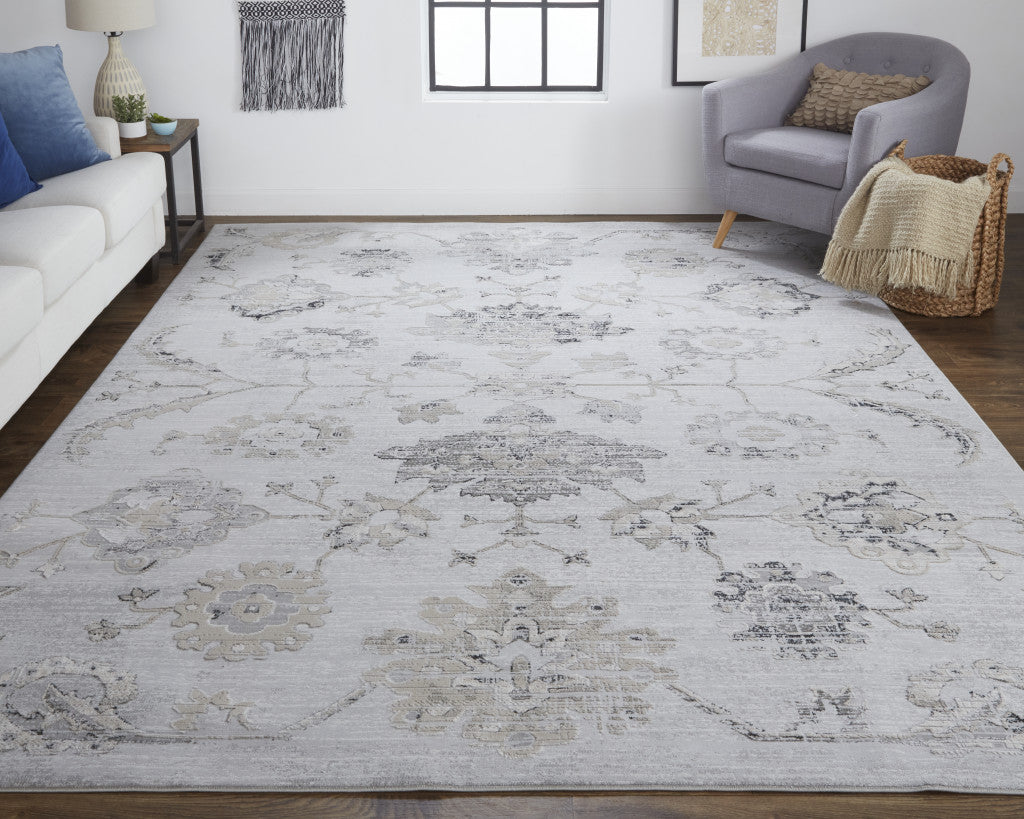 12' X 15' Silver And Black Floral Power Loom Distressed Area Rug