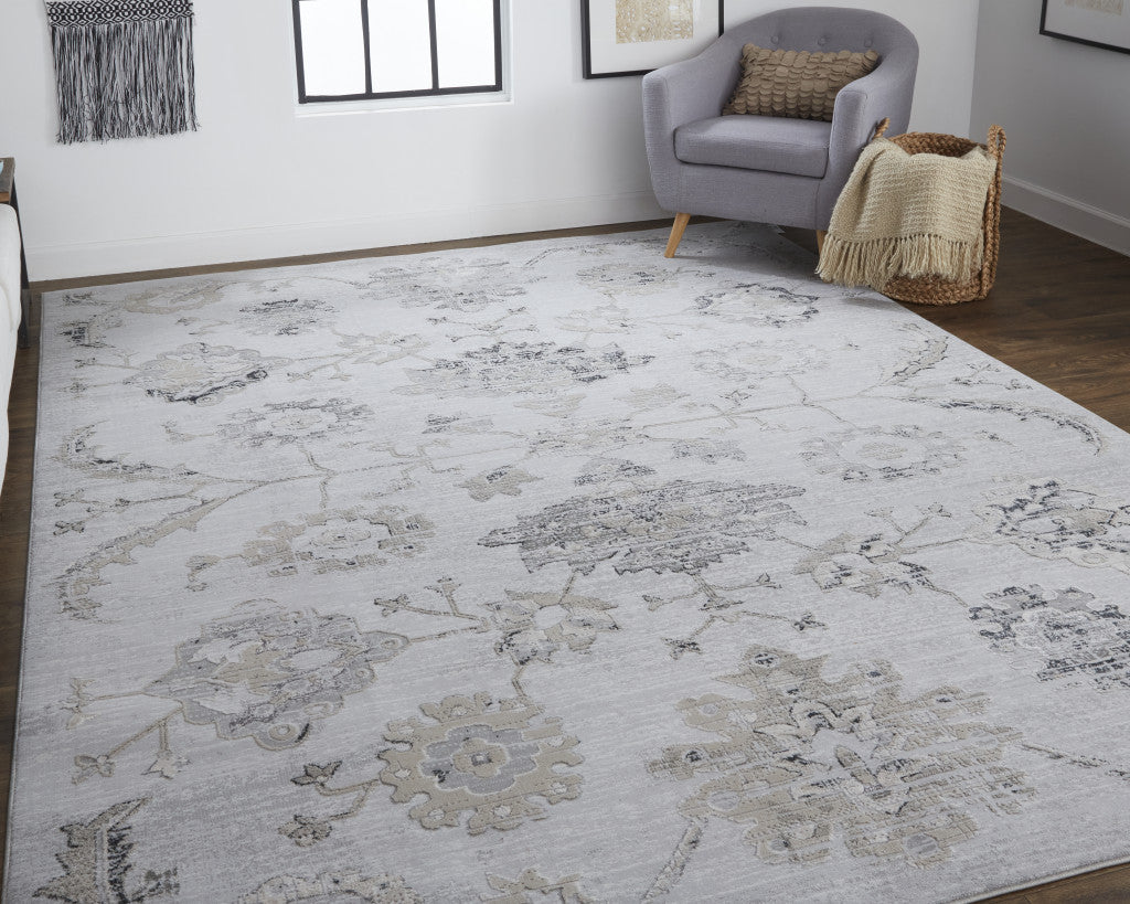 12' X 15' Silver And Black Floral Power Loom Distressed Area Rug