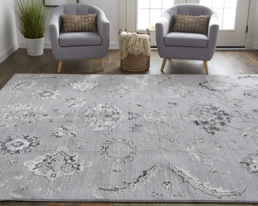 12' X 15' Silver And Black Floral Power Loom Distressed Area Rug