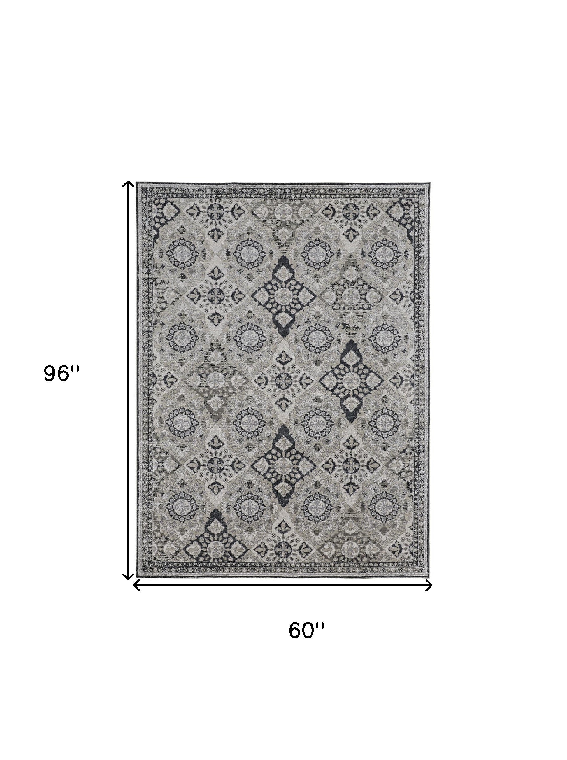 5' X 8' Gray And Black Floral Power Loom Area Rug