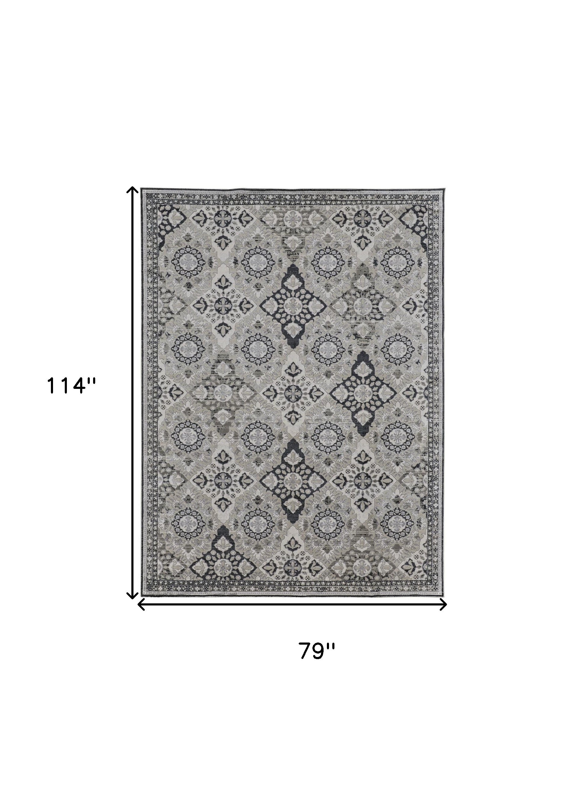 7' X 10' Gray And Black Floral Power Loom Area Rug