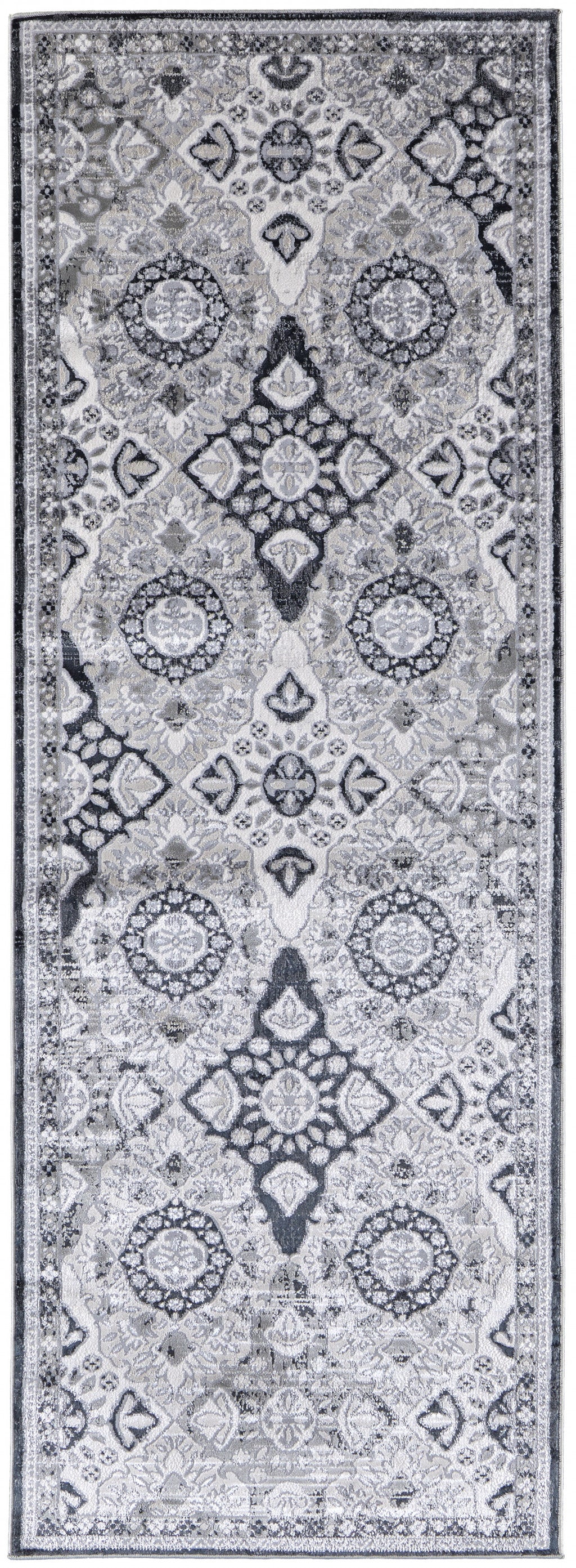 8' Gray And Black Floral Power Loom Runner Rug