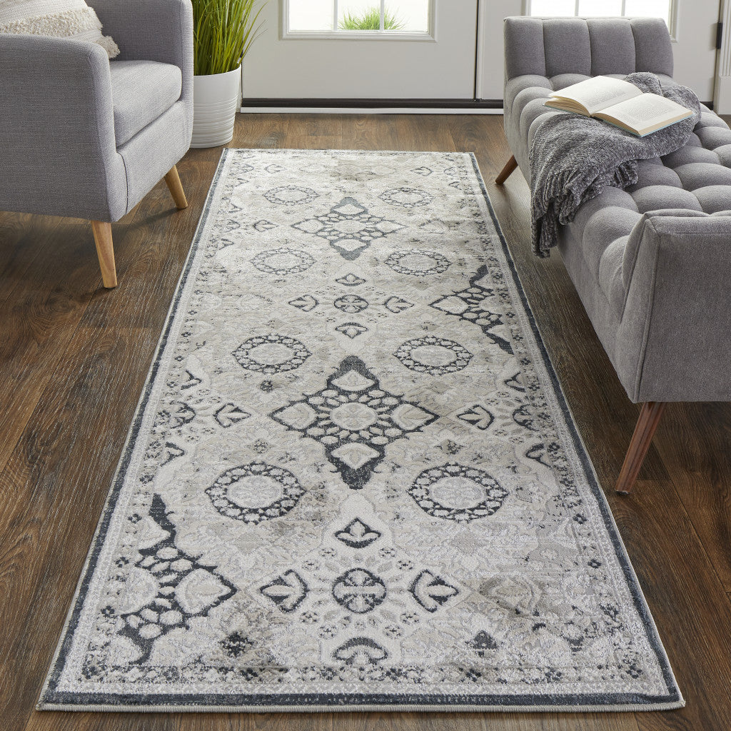 8' Gray And Black Floral Power Loom Runner Rug