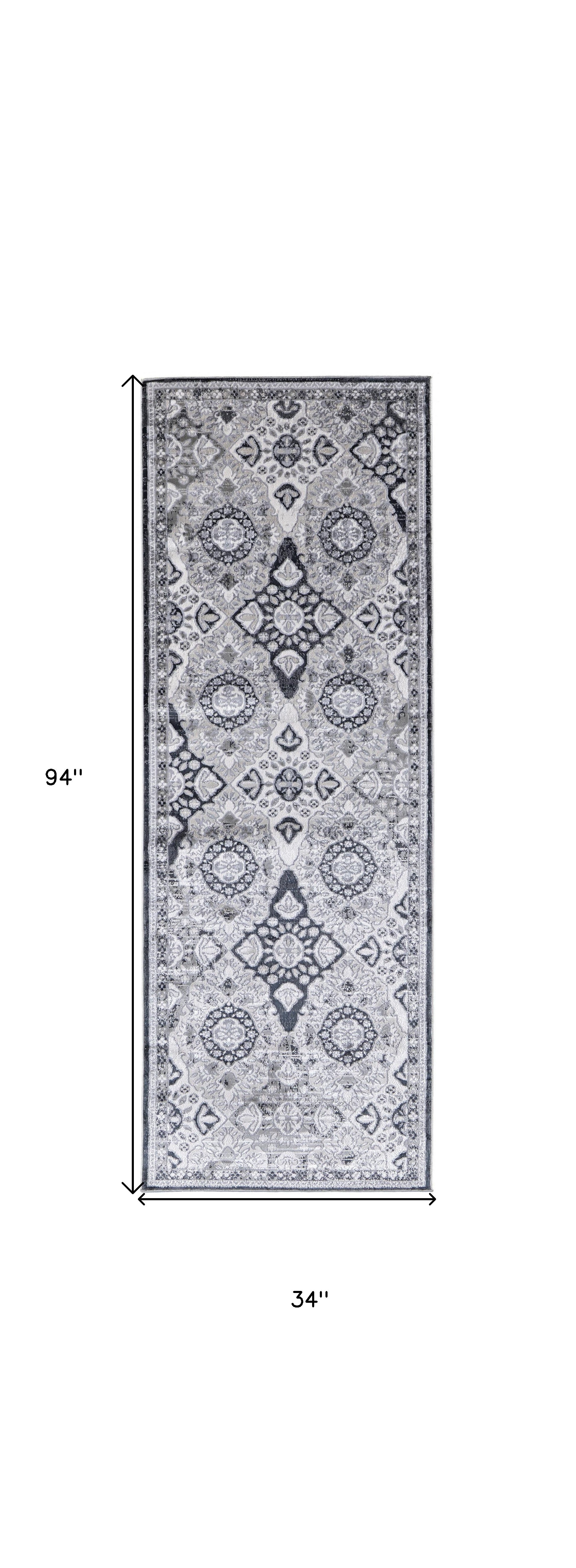 8' Gray And Black Floral Power Loom Runner Rug