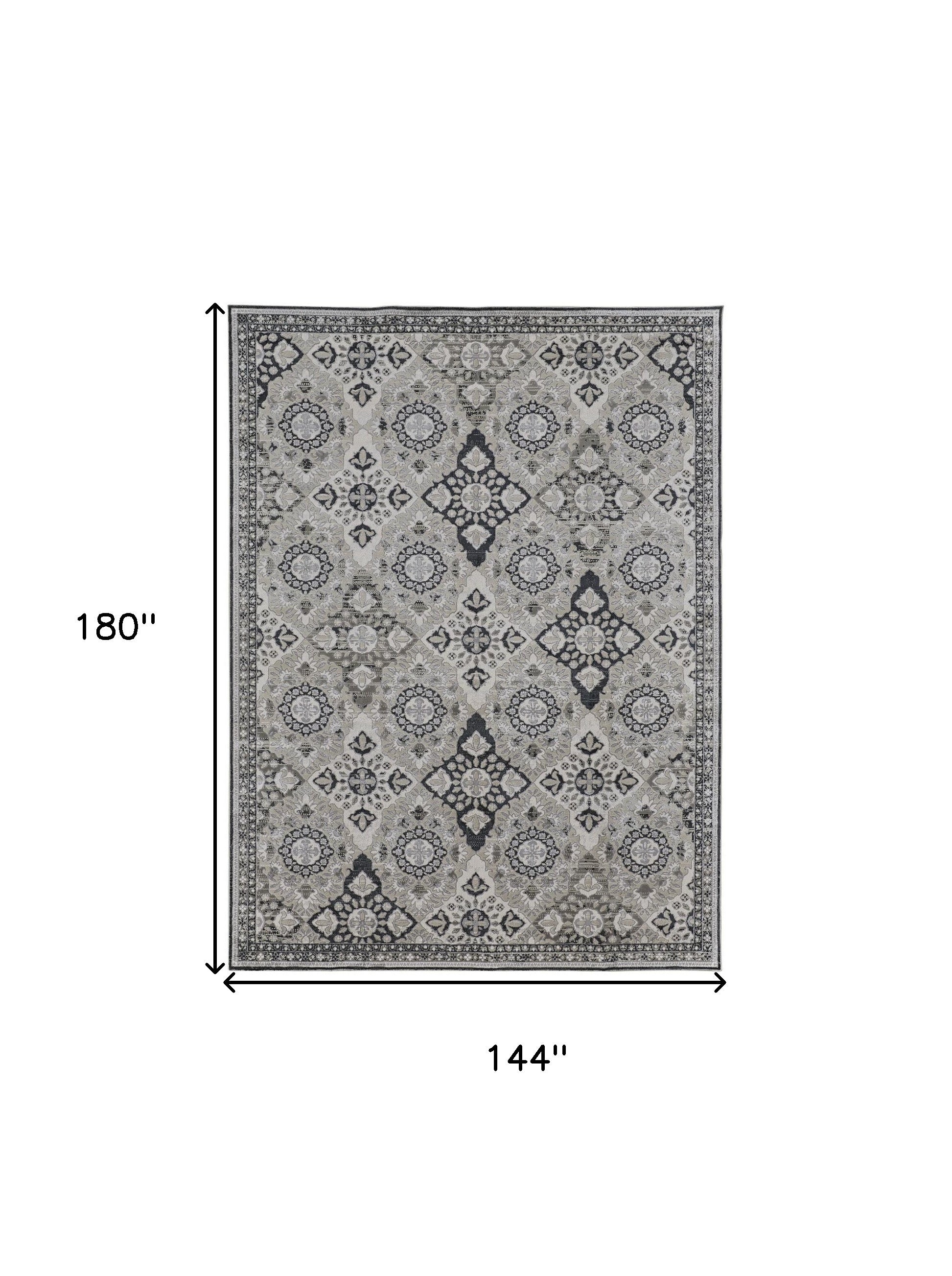 12' X 15' Gray And Black Floral Power Loom Area Rug