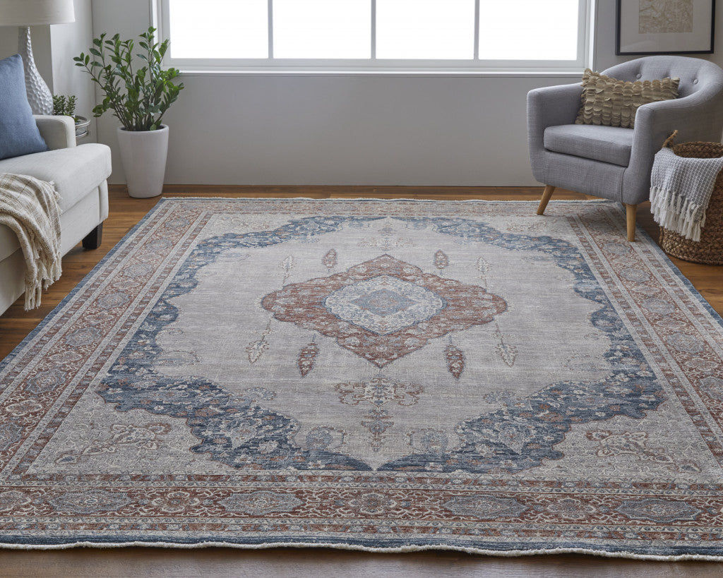 7' X 10' Gray Red And Blue Floral Power Loom Stain Resistant Area Rug