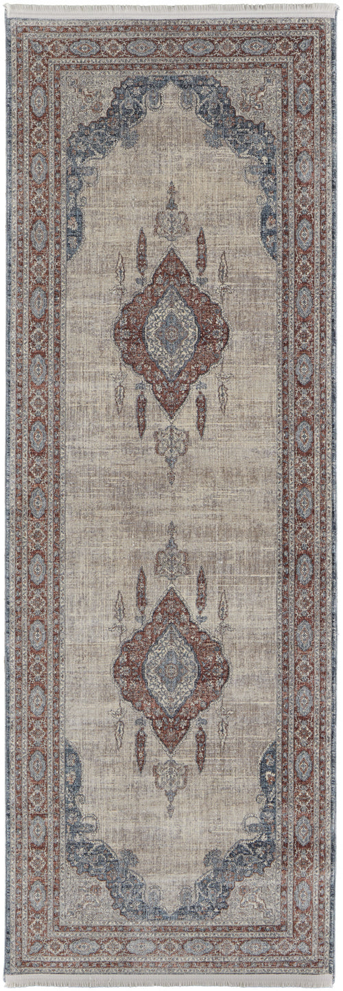 8' Gray Red And Blue Floral Power Loom Stain Resistant Runner Rug