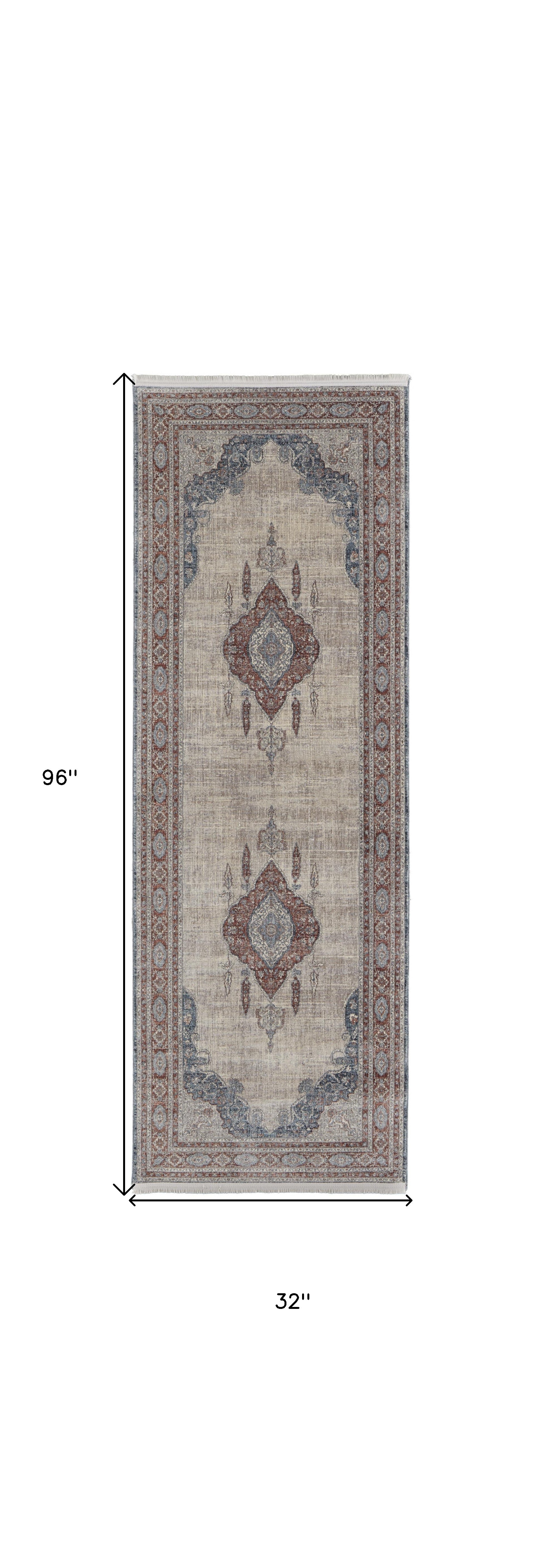 8' Gray Red And Blue Floral Power Loom Stain Resistant Runner Rug