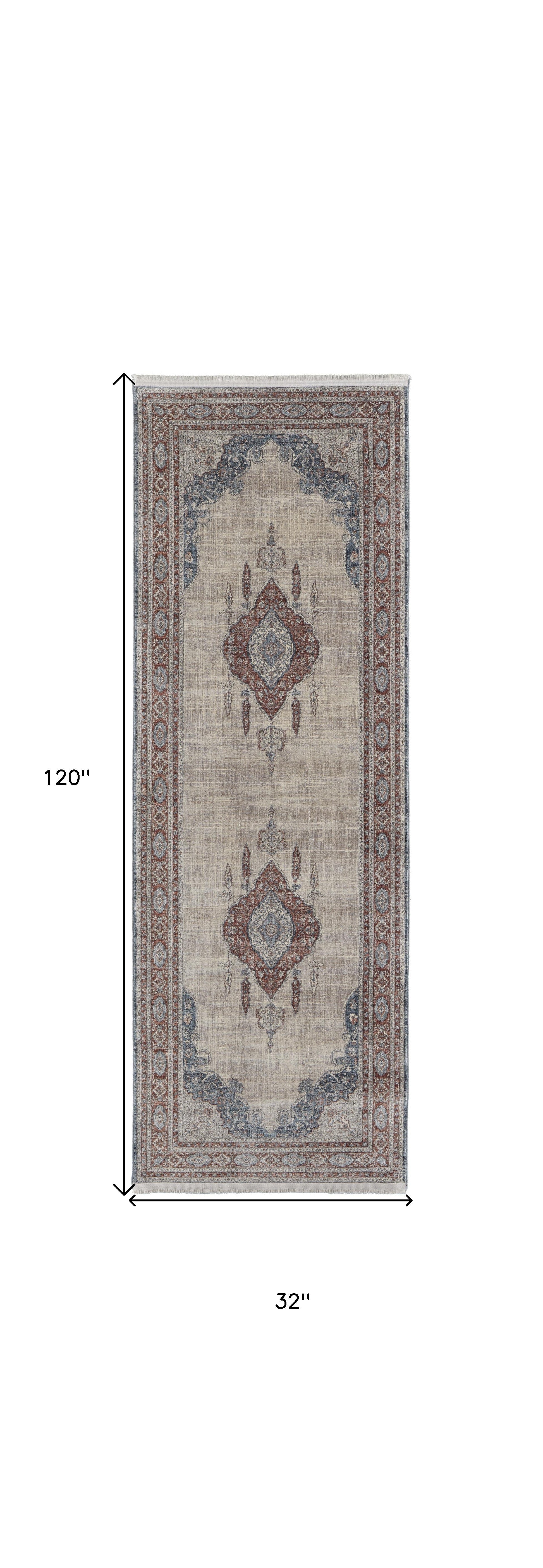 10' Gray Red And Blue Floral Power Loom Stain Resistant Runner Rug