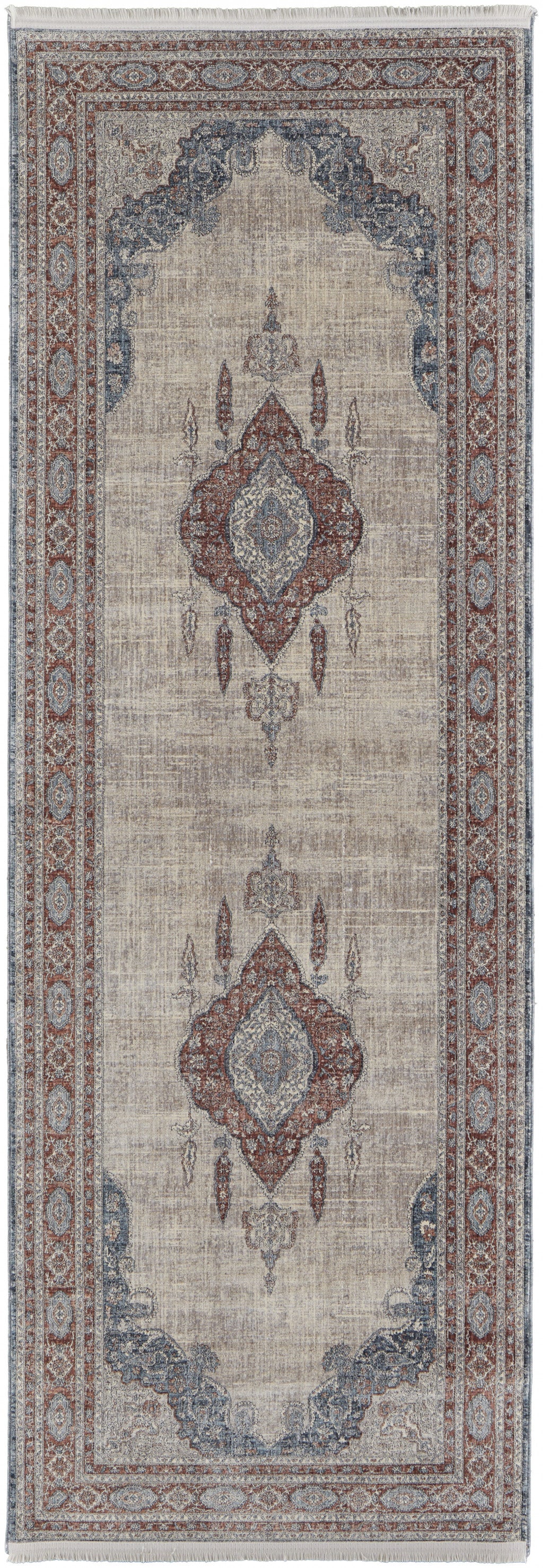 12' Gray Red And Blue Floral Power Loom Runner Rug