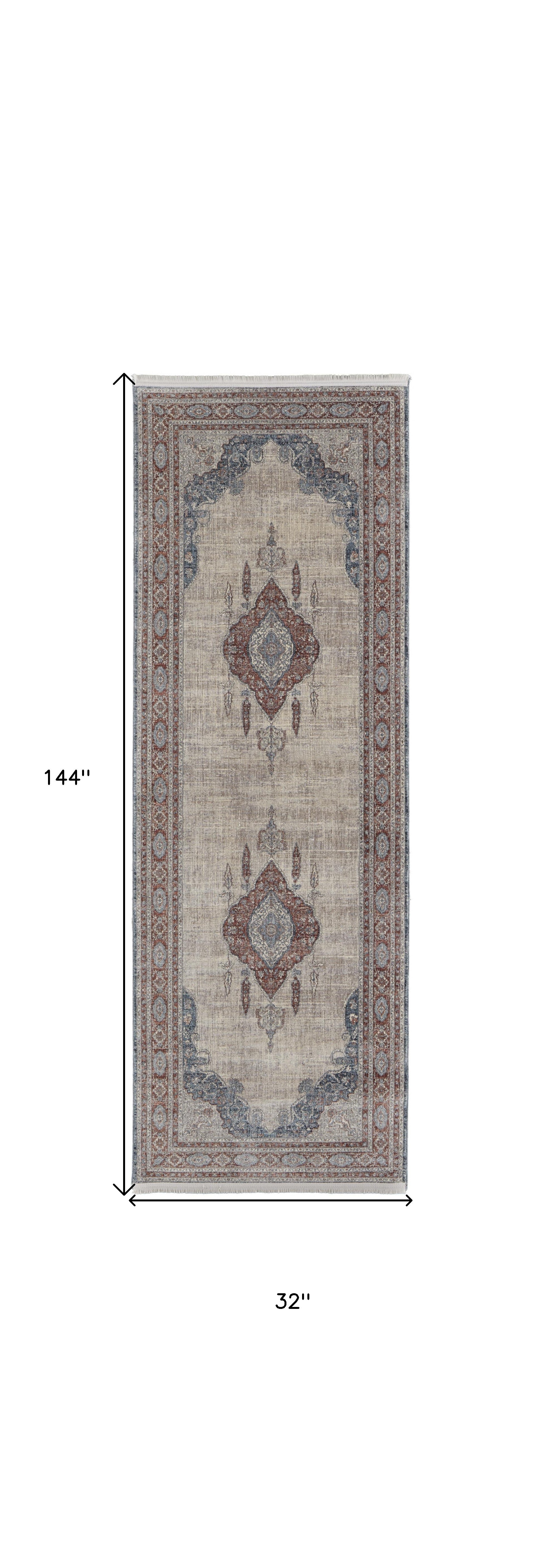 12' Gray Red And Blue Floral Power Loom Runner Rug