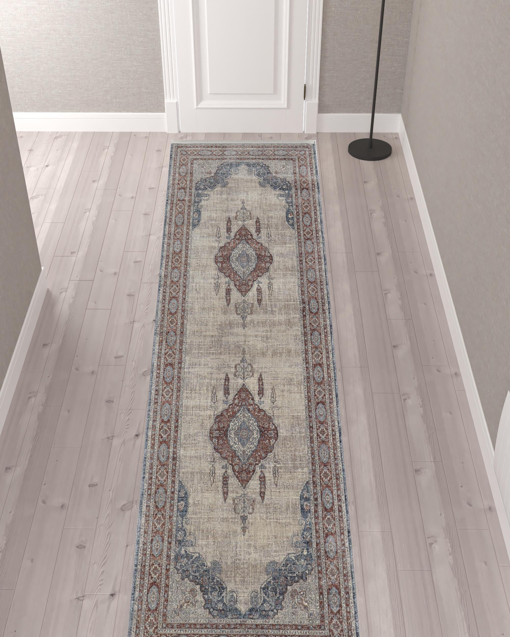 12' Gray Red And Blue Floral Power Loom Runner Rug