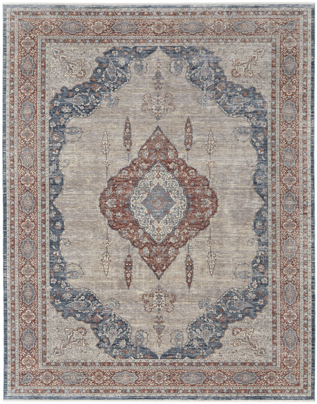 2' X 3' Gray Red And Blue Floral Power Loom Stain Resistant Area Rug