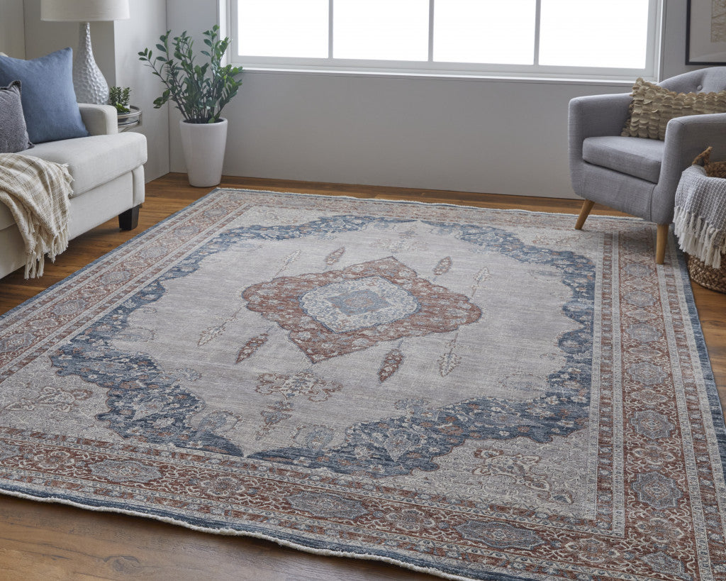 2' X 3' Gray Red And Blue Floral Power Loom Stain Resistant Area Rug