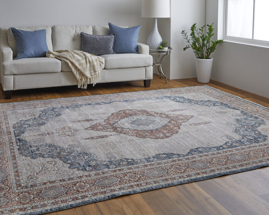 2' X 3' Gray Red And Blue Floral Power Loom Stain Resistant Area Rug