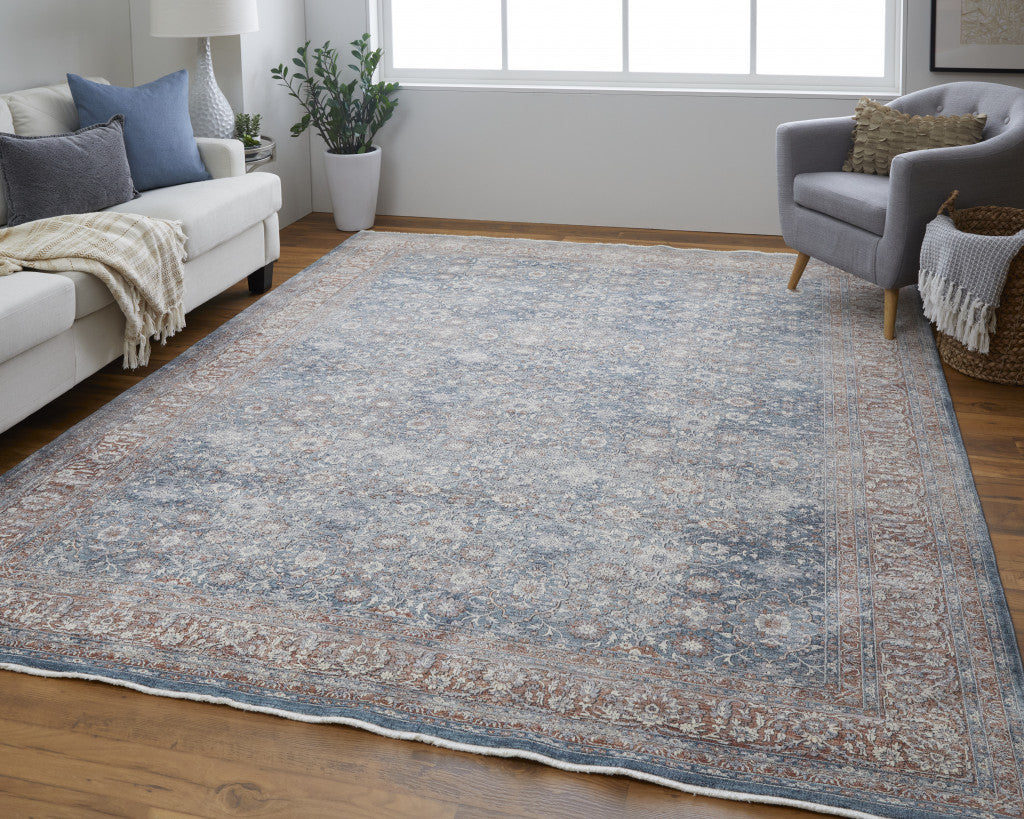 5' X 7' Blue And Red Floral Power Loom Stain Resistant Area Rug