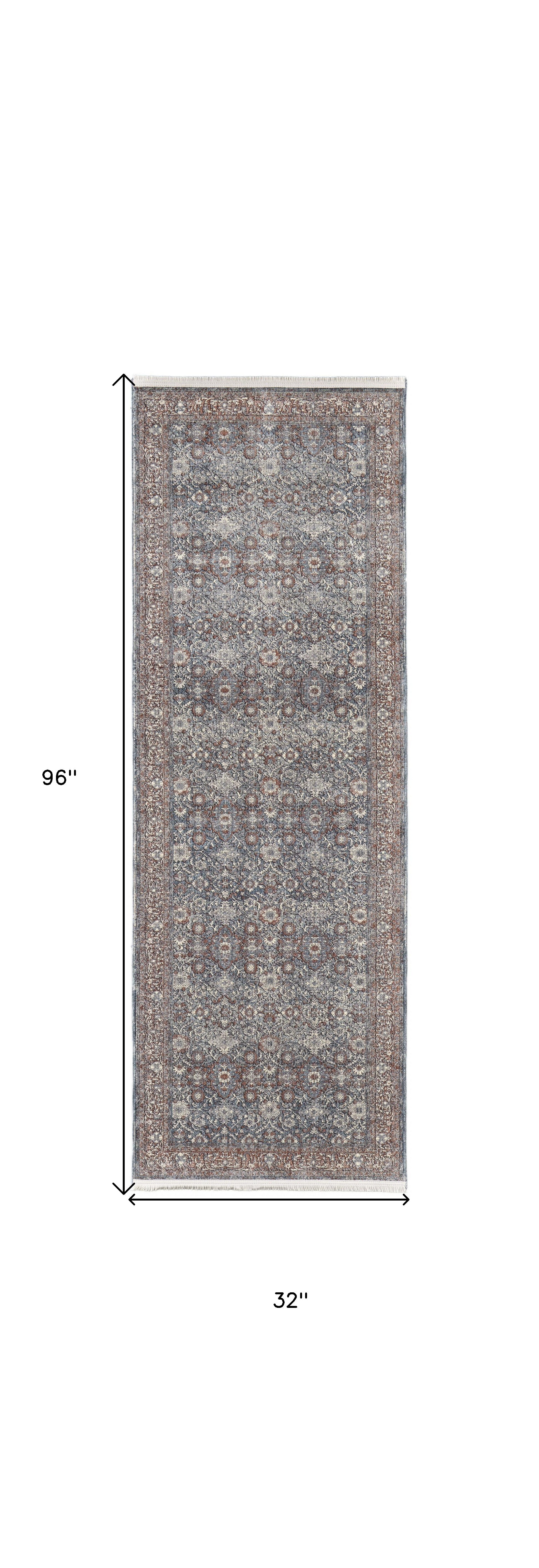 8' Blue And Red Floral Power Loom Stain Resistant Runner Rug