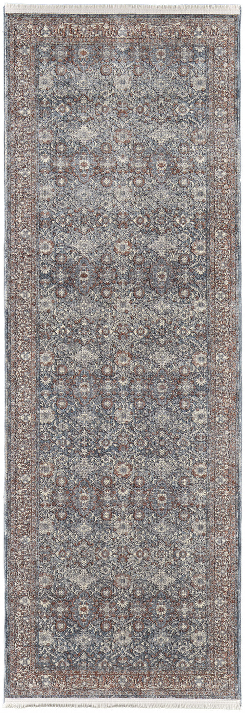 12' Blue And Red Floral Power Loom Runner Rug