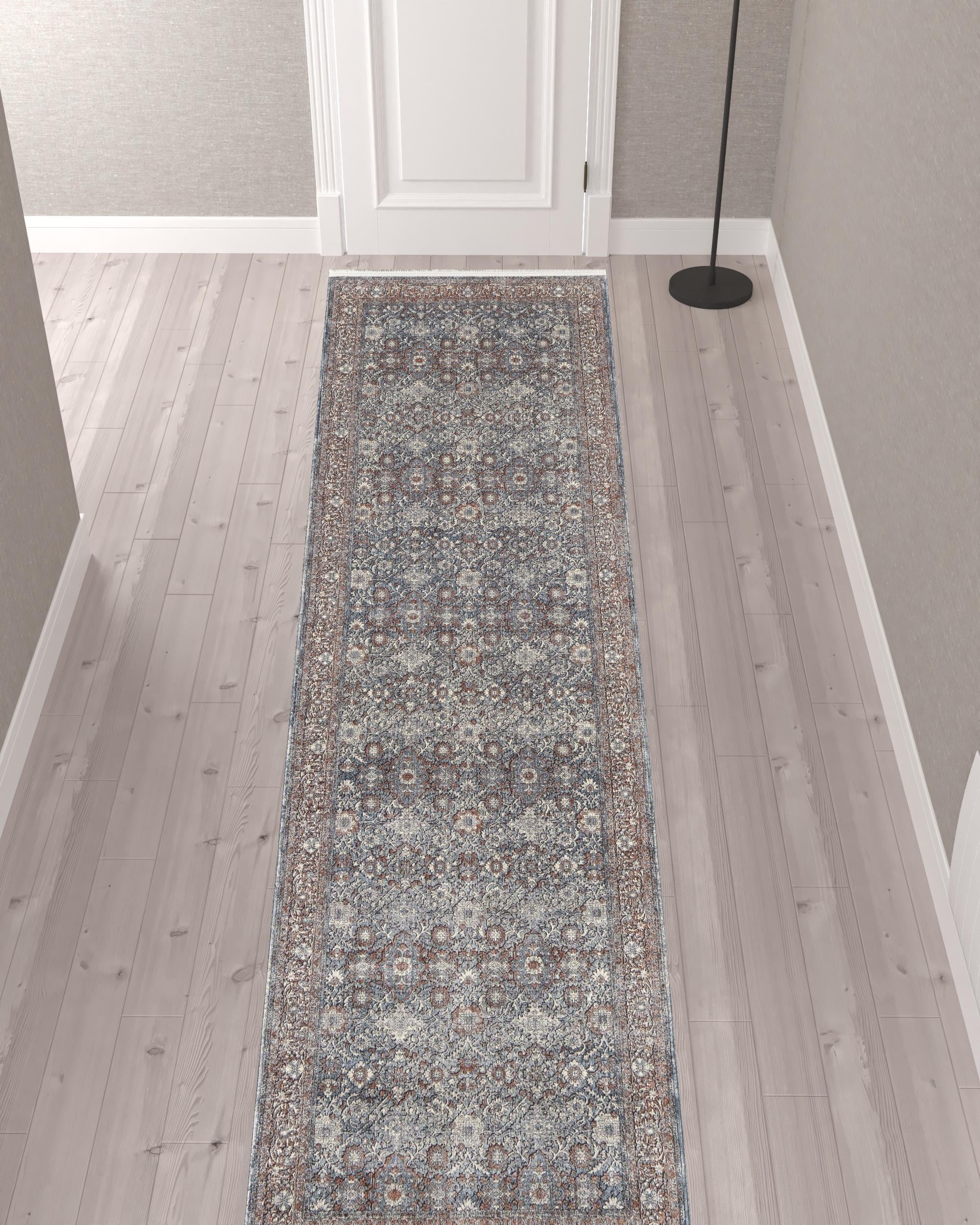 12' Blue And Red Floral Power Loom Runner Rug