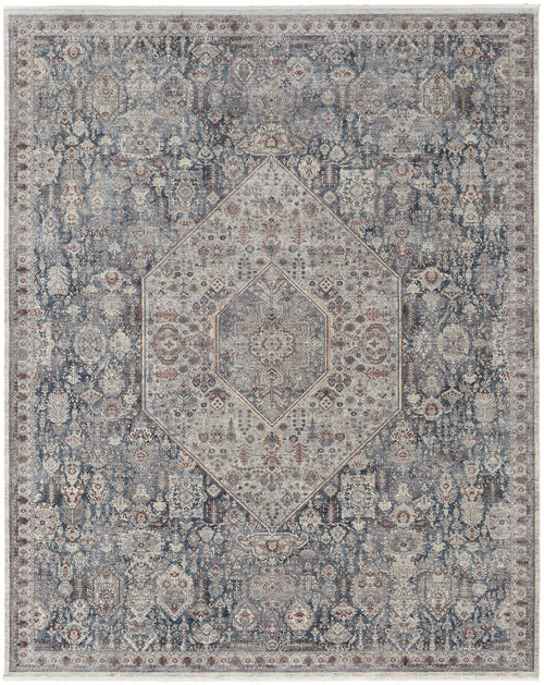 5' X 7' Blue And Ivory Floral Power Loom Stain Resistant Area Rug