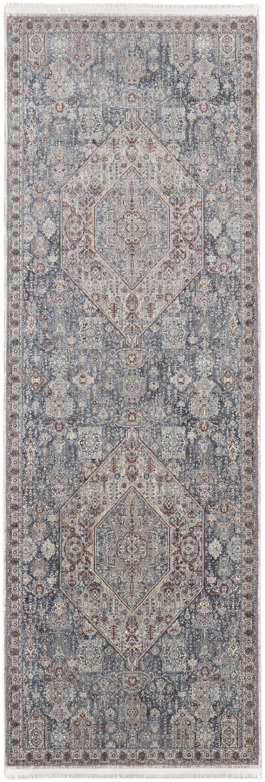 8' Blue And Ivory Floral Power Loom Stain Resistant Runner Rug