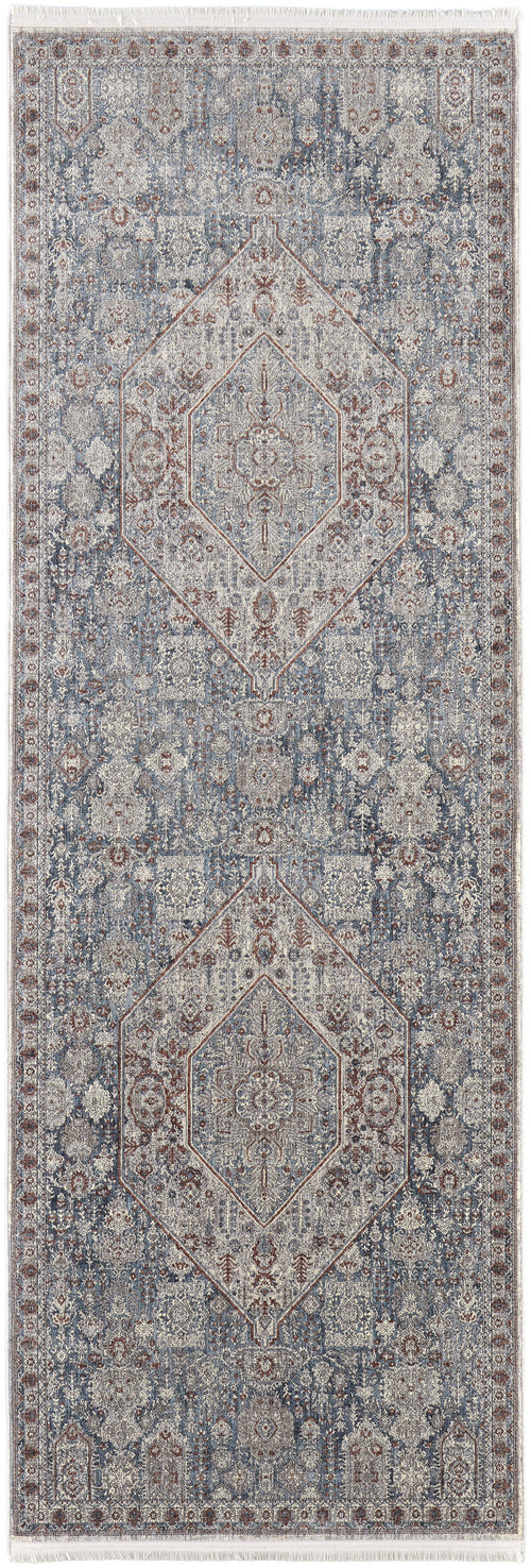 8' Blue And Ivory Floral Power Loom Stain Resistant Runner Rug