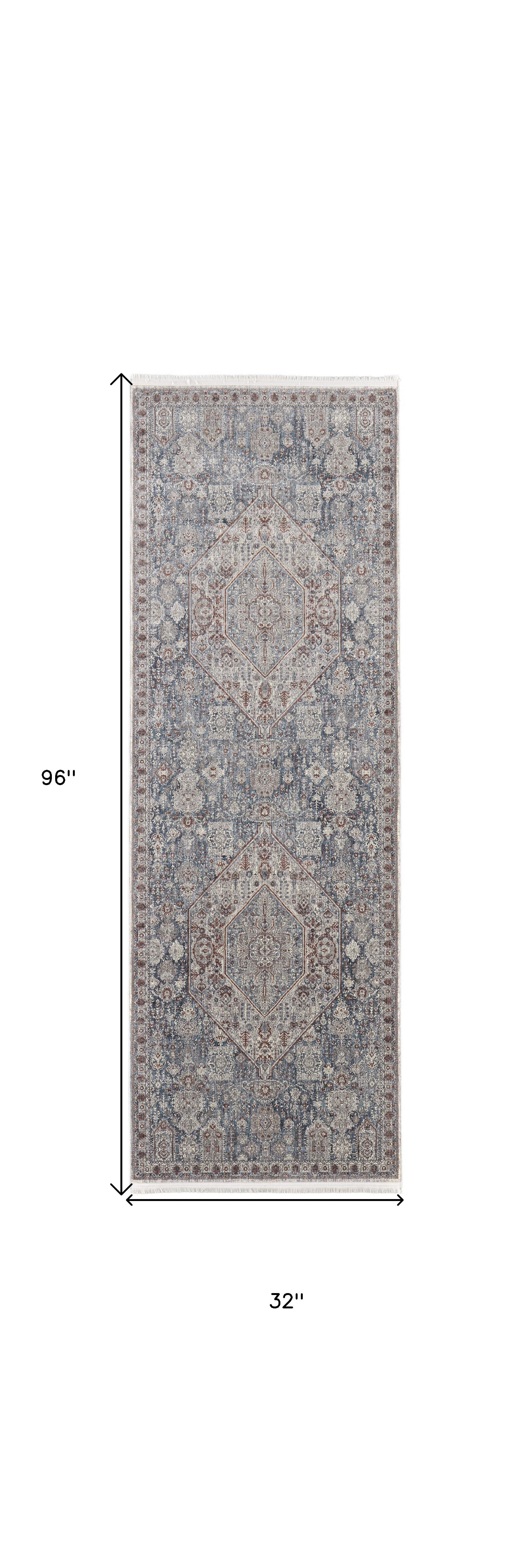 8' Blue And Ivory Floral Power Loom Stain Resistant Runner Rug