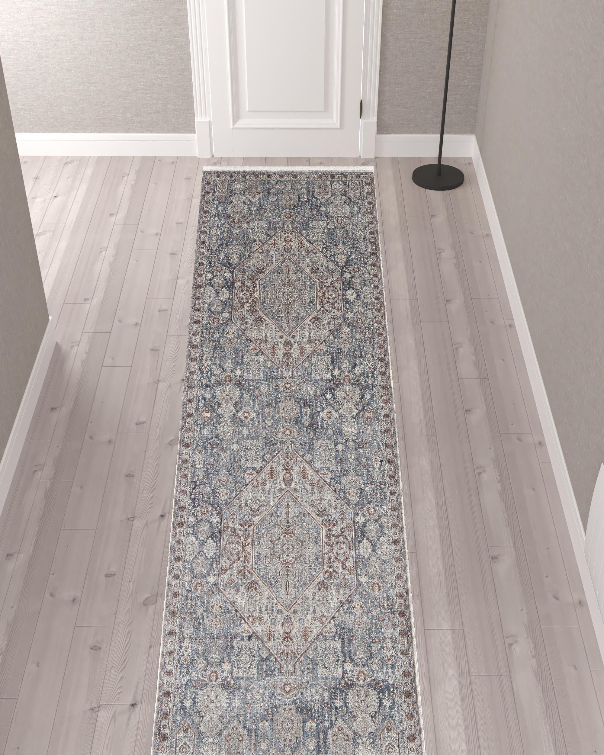 12' Blue And Ivory Floral Power Loom Runner Rug