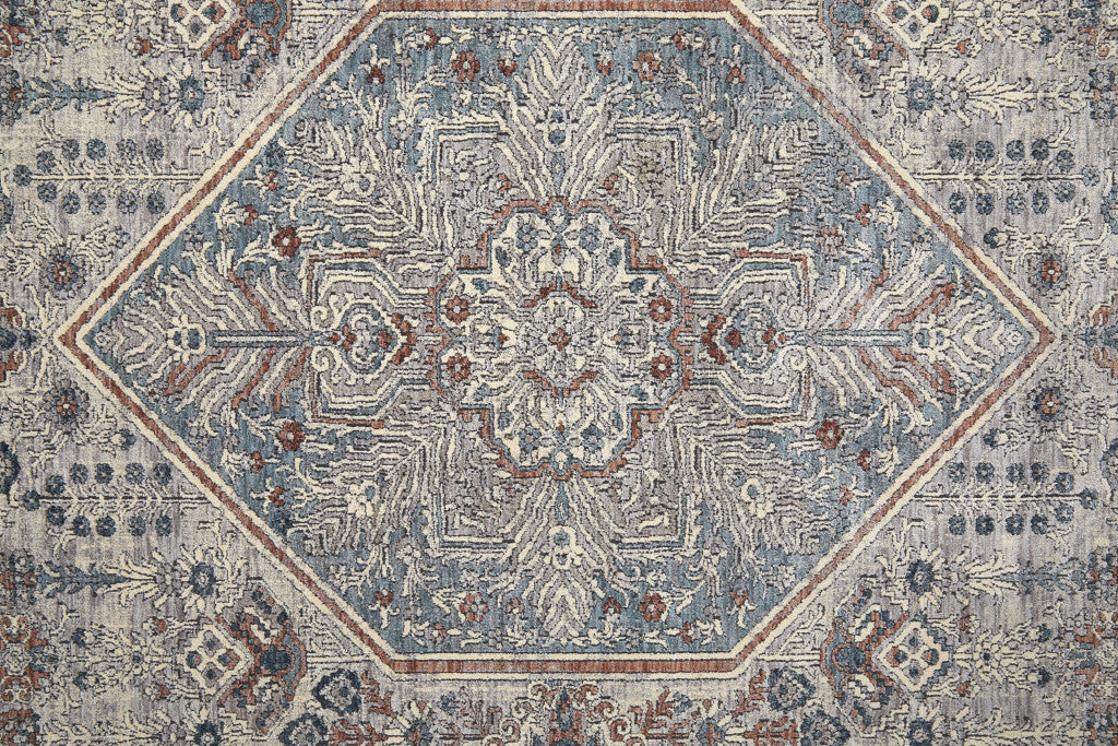 12' X 15' Blue And Ivory Floral Power Loom Stain Resistant Area Rug