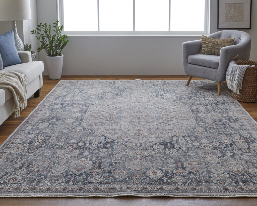 2' X 3' Blue And Ivory Floral Power Loom Stain Resistant Area Rug