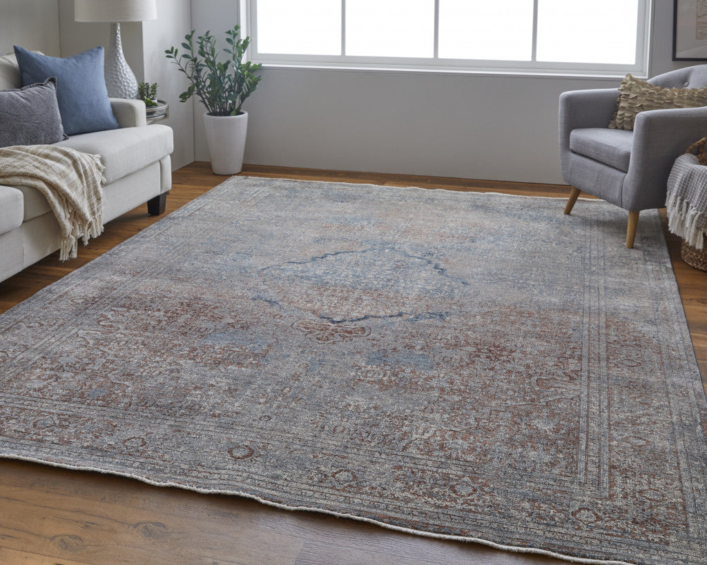 5' X 7' Blue Red And Gray Floral Power Loom Stain Resistant Area Rug