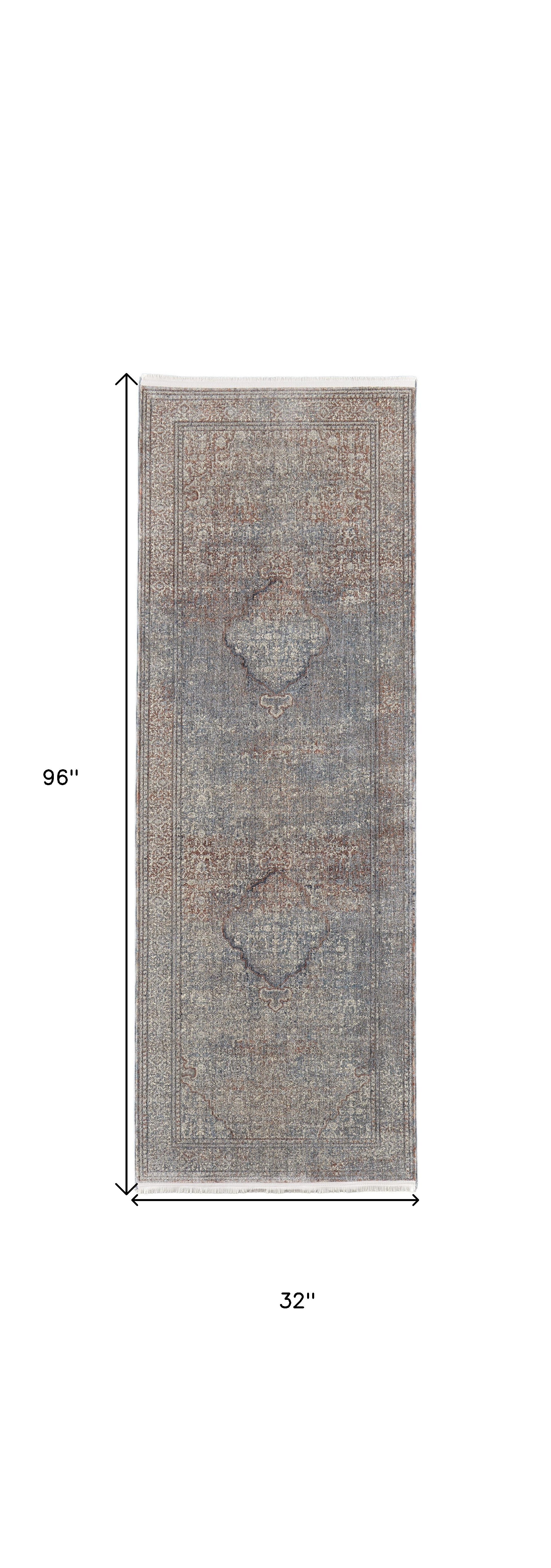 8' Blue Red And Gray Floral Power Loom Stain Resistant Runner Rug