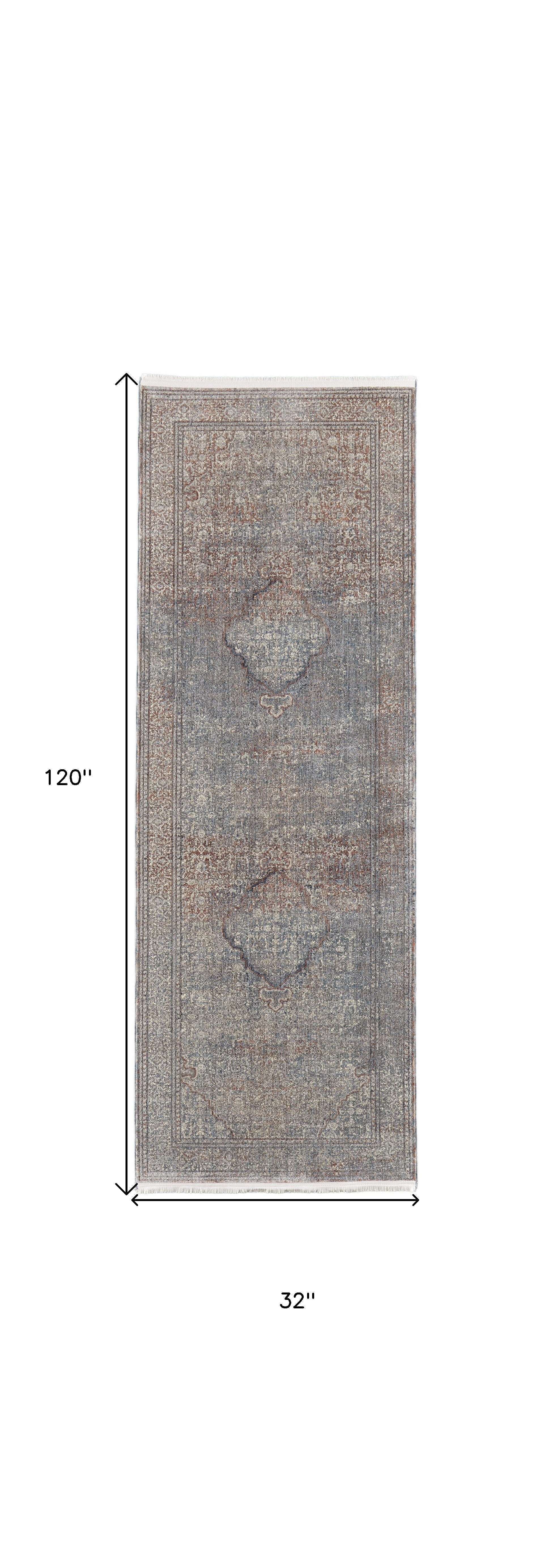 10' Blue Red And Gray Floral Power Loom Stain Resistant Runner Rug