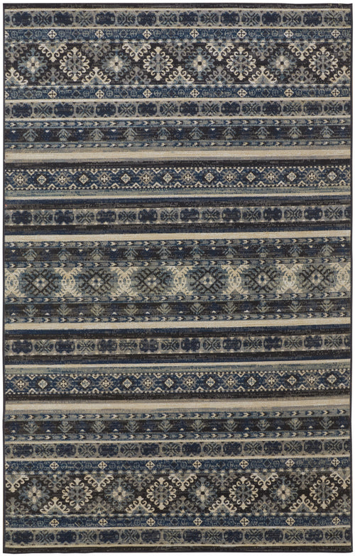 5' X 8' Blue Tan And Black Geometric Power Loom Distressed Stain Resistant Area Rug