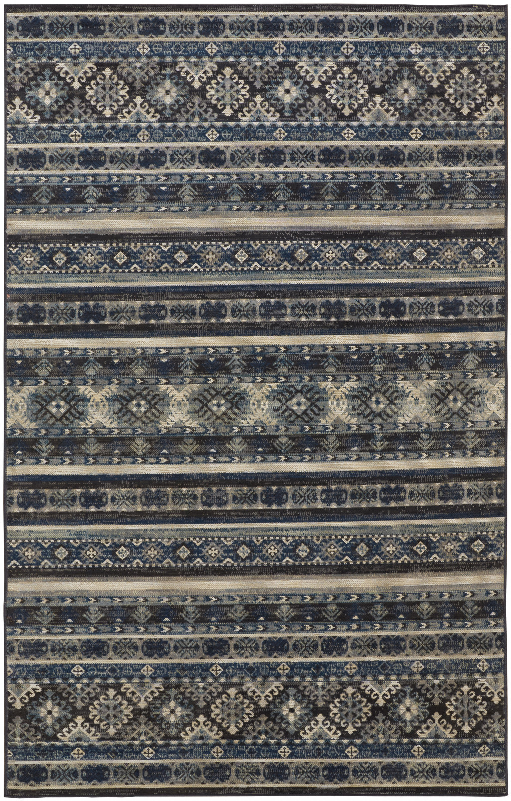 7' X 10' Blue Tan And Black Geometric Power Loom Distressed Stain Resistant Area Rug