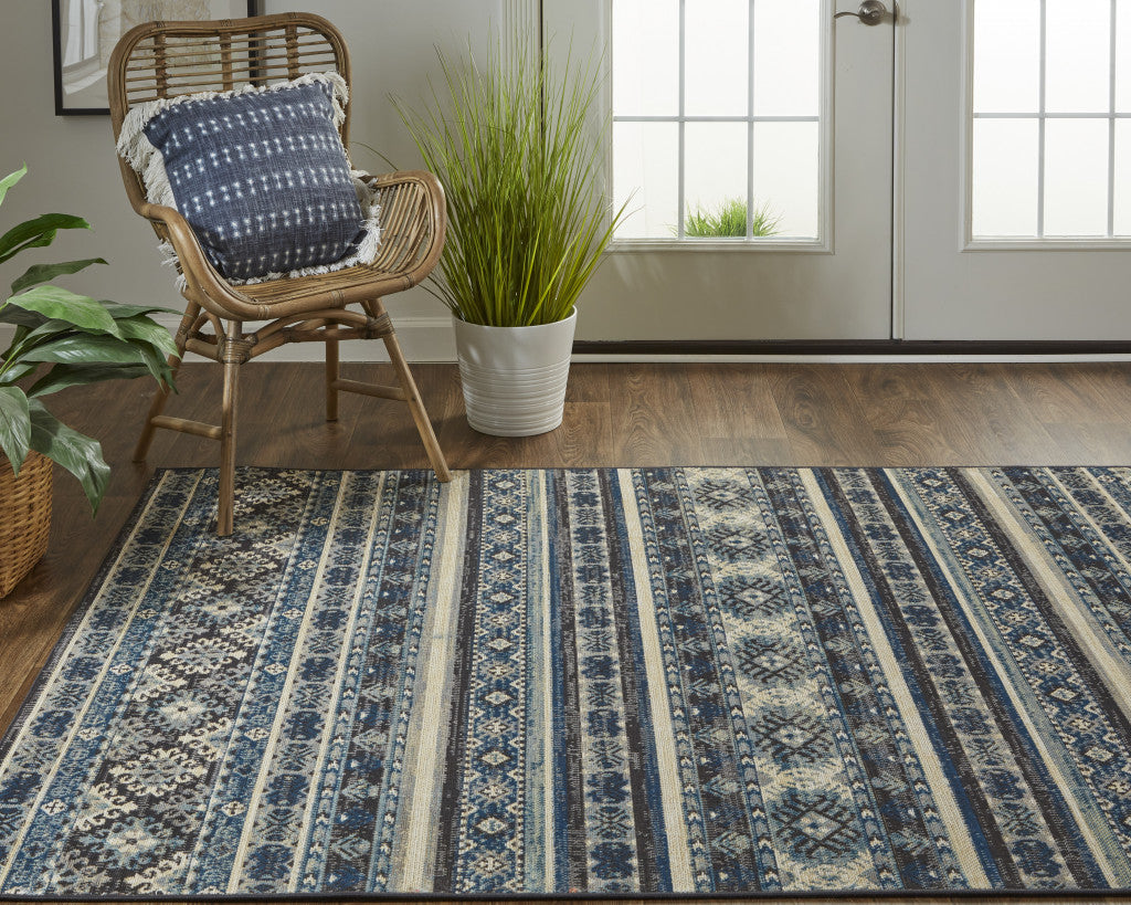 7' X 10' Blue Tan And Black Geometric Power Loom Distressed Stain Resistant Area Rug