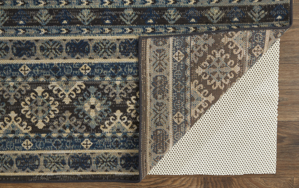 7' X 10' Blue Tan And Black Geometric Power Loom Distressed Stain Resistant Area Rug