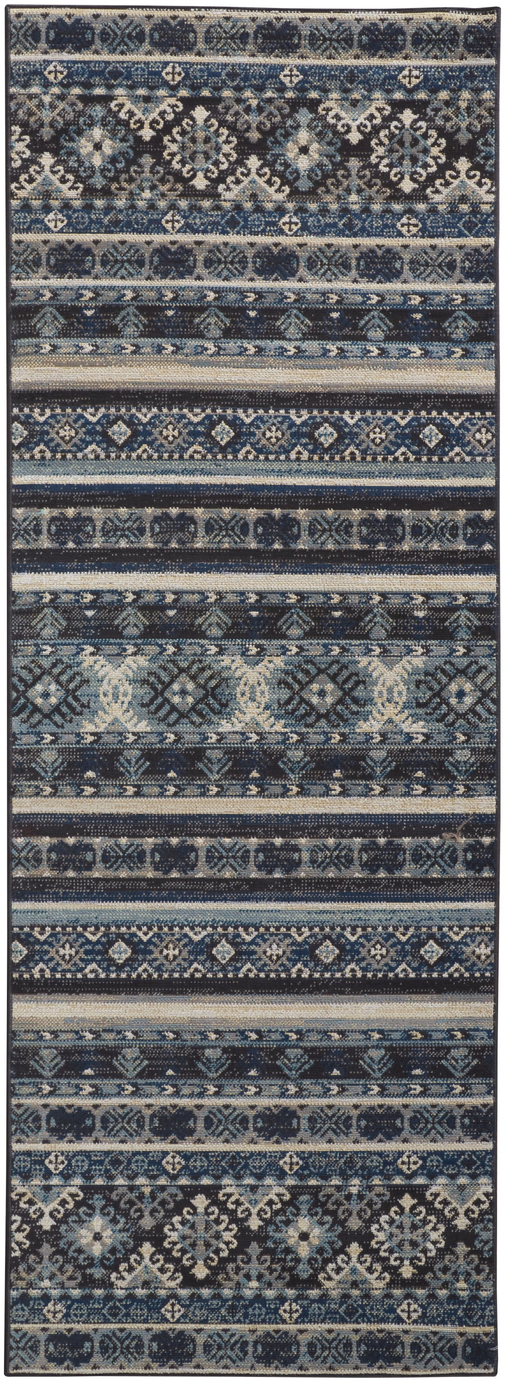 8' Blue Tan And Black Geometric Power Loom Distressed Stain Resistant Runner Rug