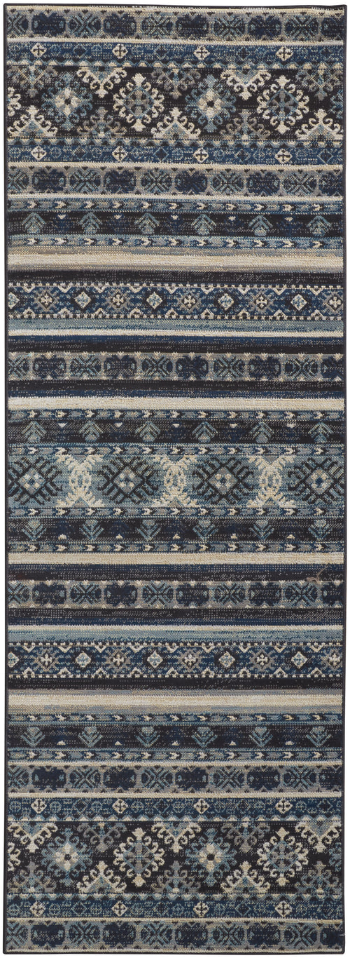 8' Blue Tan And Black Geometric Power Loom Distressed Stain Resistant Runner Rug