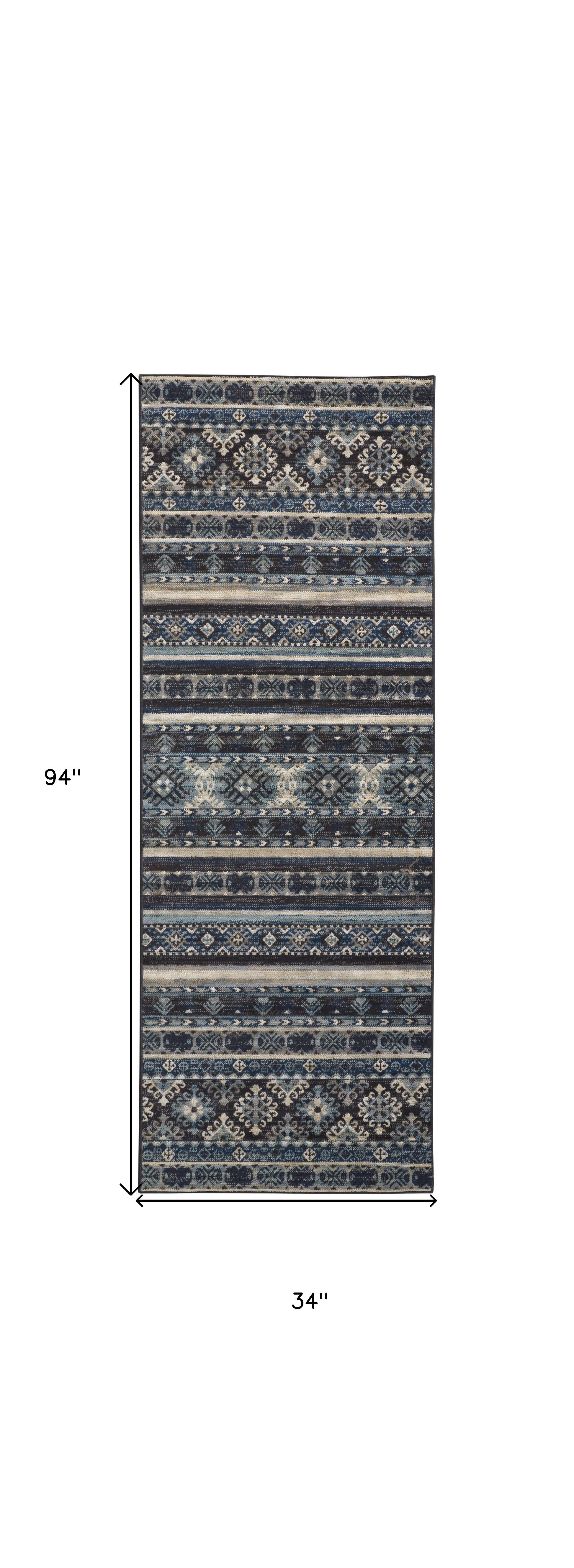 8' Blue Tan And Black Geometric Power Loom Distressed Stain Resistant Runner Rug