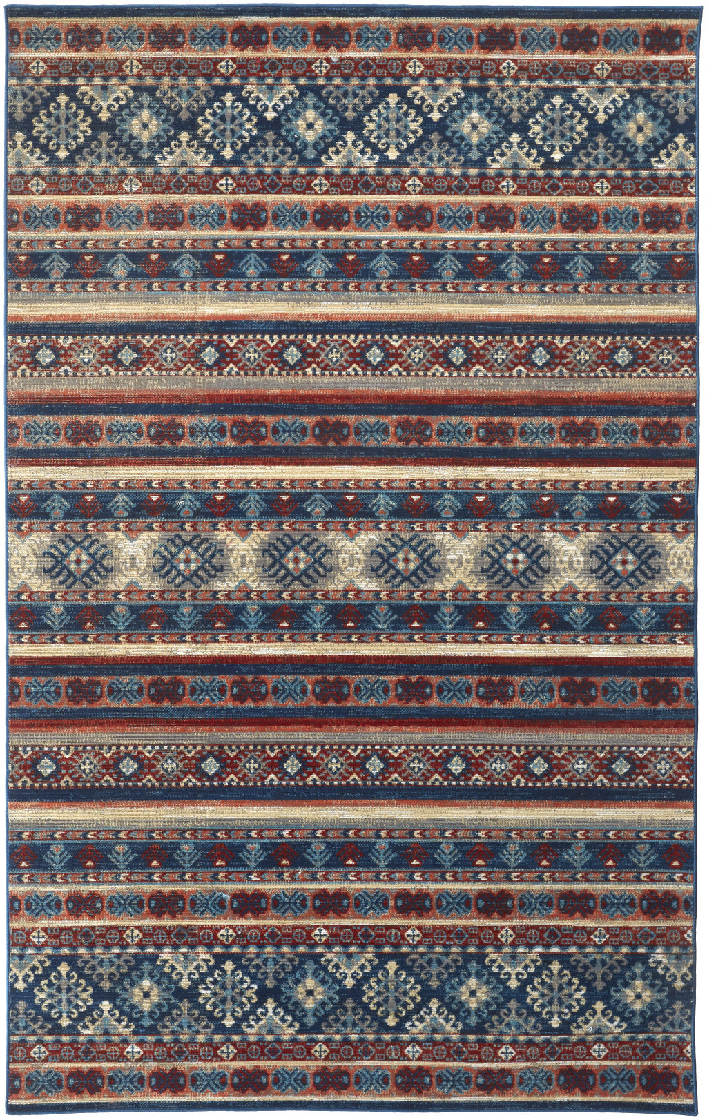 7' X 10' Blue Red And Ivory Geometric Power Loom Distressed Stain Resistant Area Rug