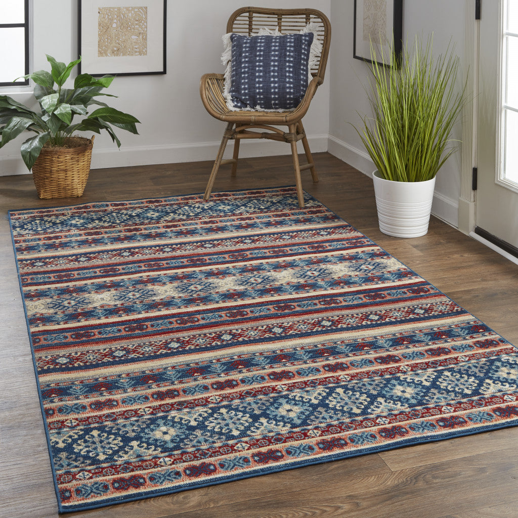 7' X 10' Blue Red And Ivory Geometric Power Loom Distressed Stain Resistant Area Rug