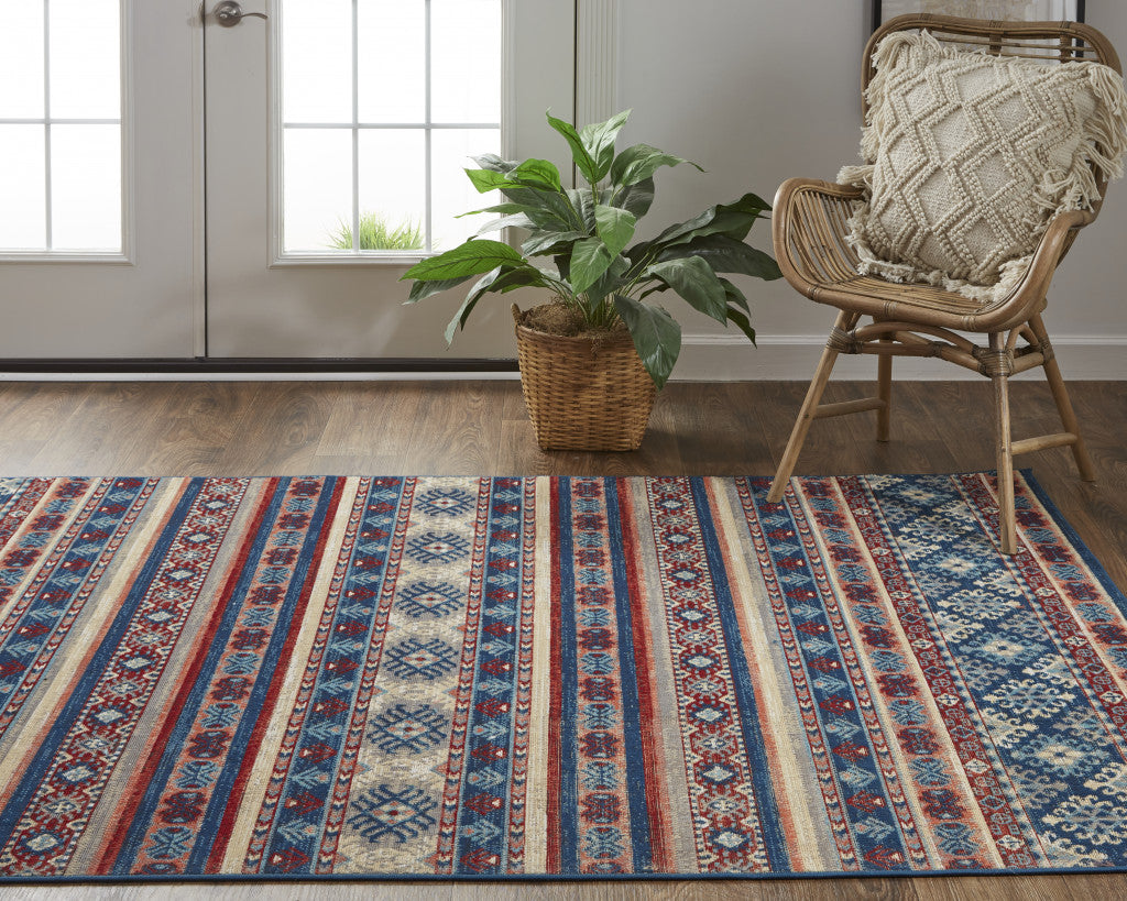 7' X 10' Blue Red And Ivory Geometric Power Loom Distressed Stain Resistant Area Rug