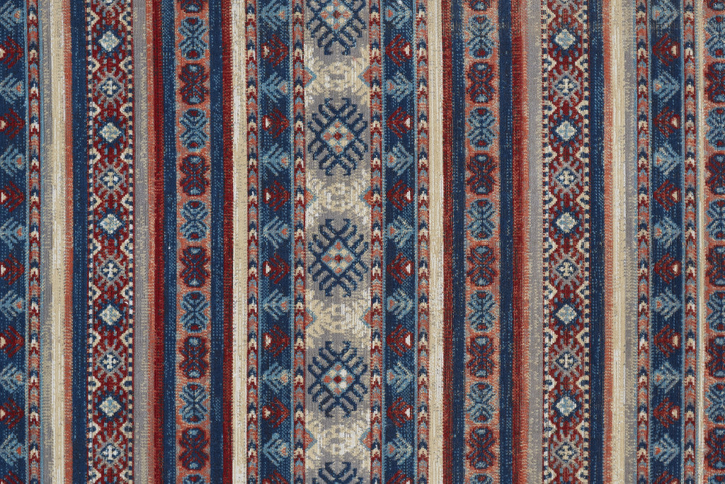 7' X 10' Blue Red And Ivory Geometric Power Loom Distressed Stain Resistant Area Rug