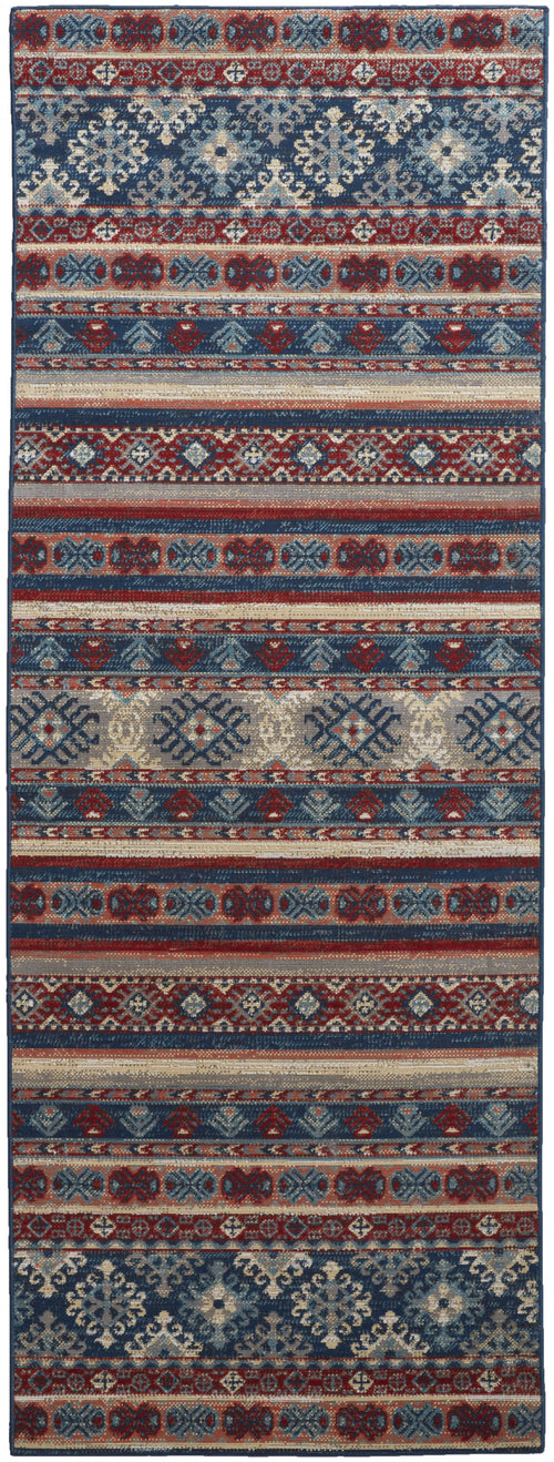 8' Blue Red And Ivory Geometric Power Loom Distressed Stain Resistant Runner Rug