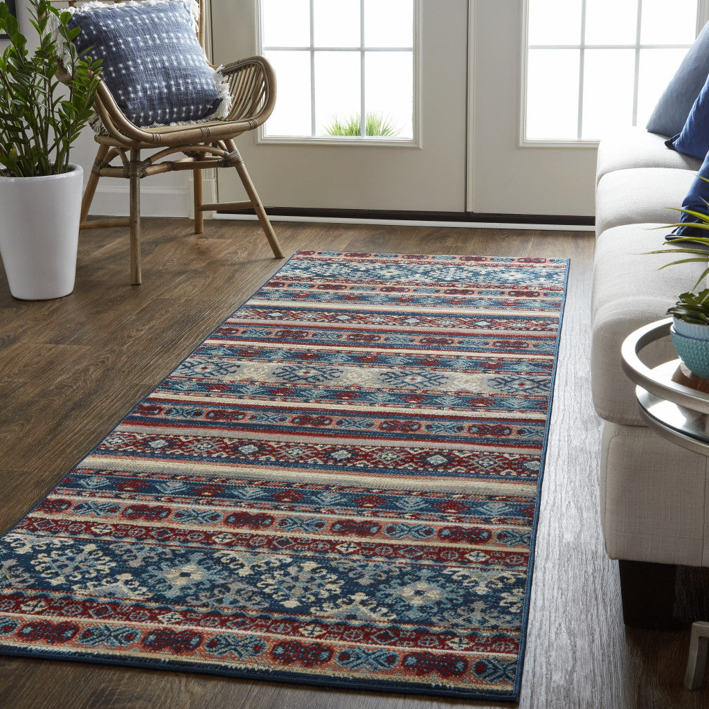 8' Blue Red And Ivory Geometric Power Loom Distressed Stain Resistant Runner Rug